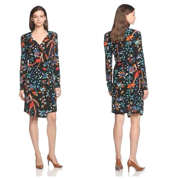 Desigual Bridie Jersey Hi Low Faux Wrap Dress Sz XL Black Floral Long Sleeve - Picture 2 of 14